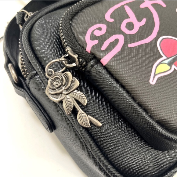 Ed Hardy Crossbody Bag Black Rose Tattoo Print Y2K Punk Rock Heart Logo NWT - Picture 3 of 6